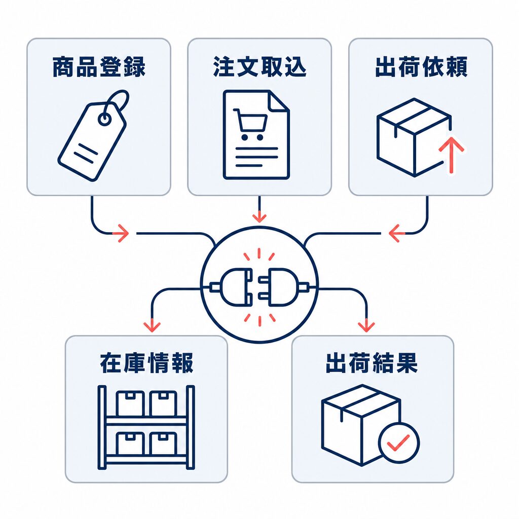 API連携で確認する商品登録、注文取込、出荷依頼、在庫情報、出荷結果の5項目を示す図。