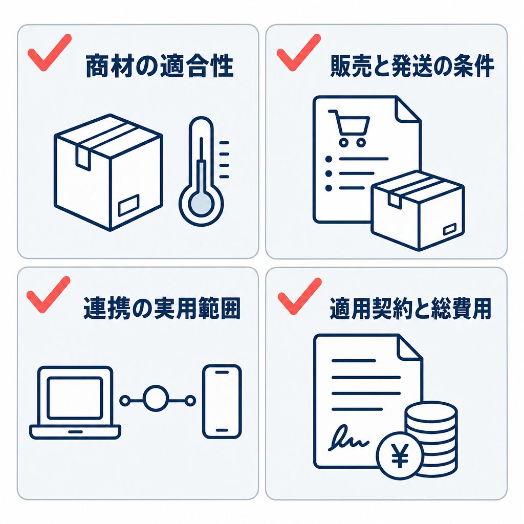 オープンロジAPI導入前に確認する商材、販売と発送、連携、契約と費用の4項目チェックリスト