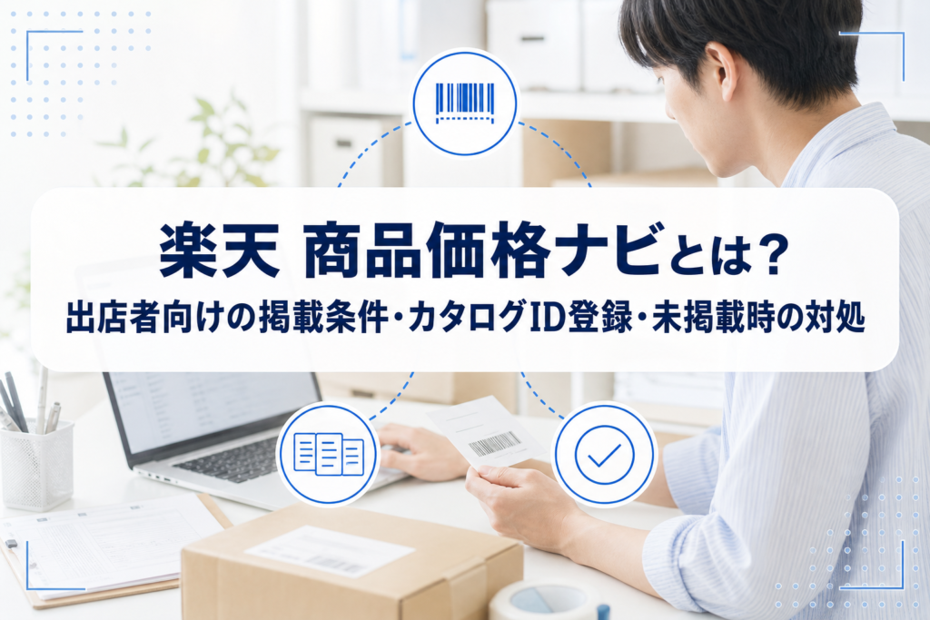 ノートPCと商品箱を確認する出店者の背景に、カタログIDと製品比較のアイコン、記事タイトルを重ねたアイキャッチ。