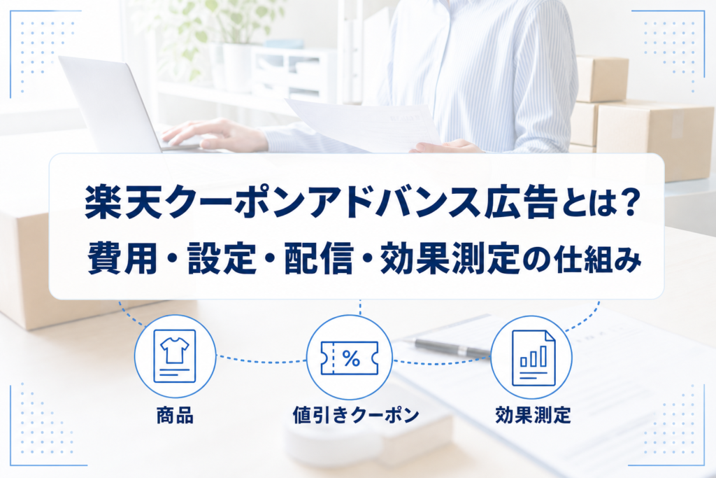 PCで広告運用を確認するEC事業者を背景に、商品、値引きクーポン、効果測定のアイコンを配置した楽天クーポンアドバンス広告の記事アイキャッチ。