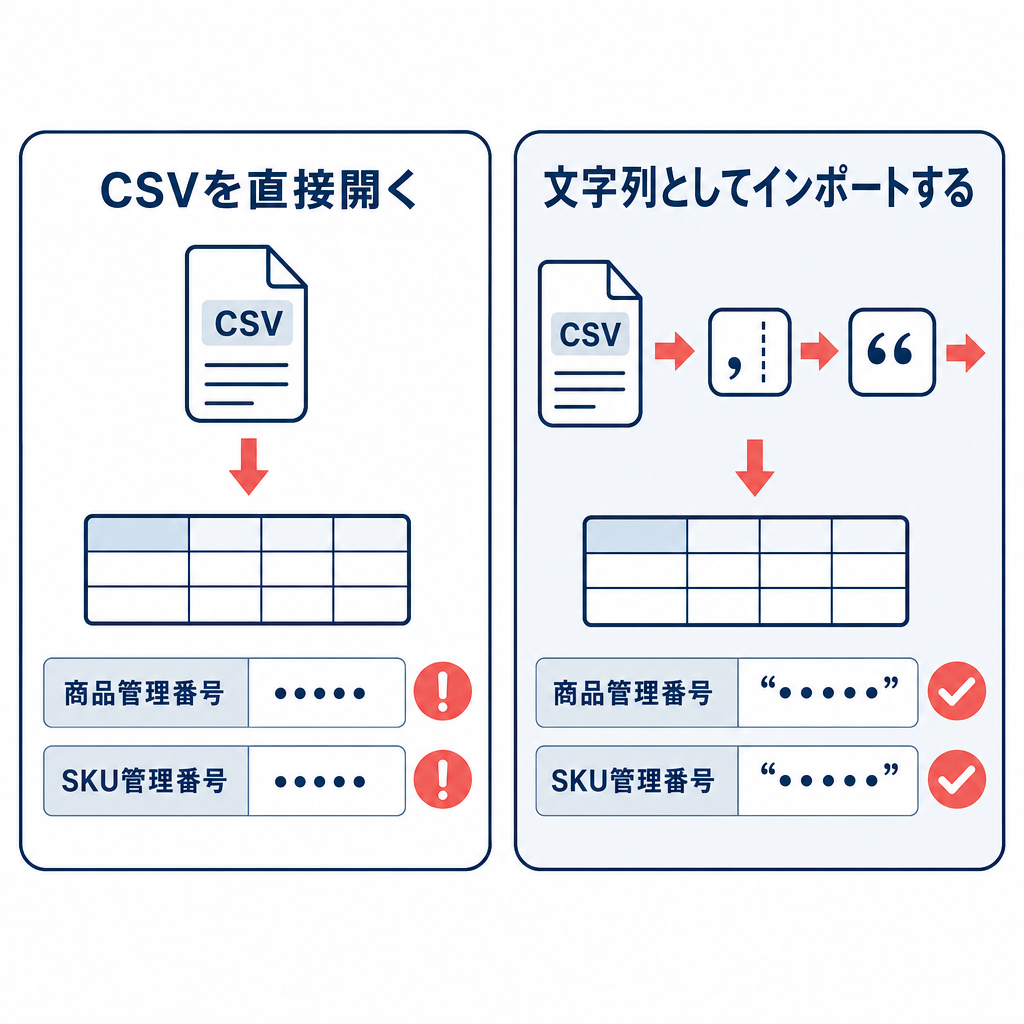 CSVを直接開く方法では識別子が自動変換される注意と、文字列としてインポートする方法では商品管理番号とSKU管理番号を維持できることを対比した図。