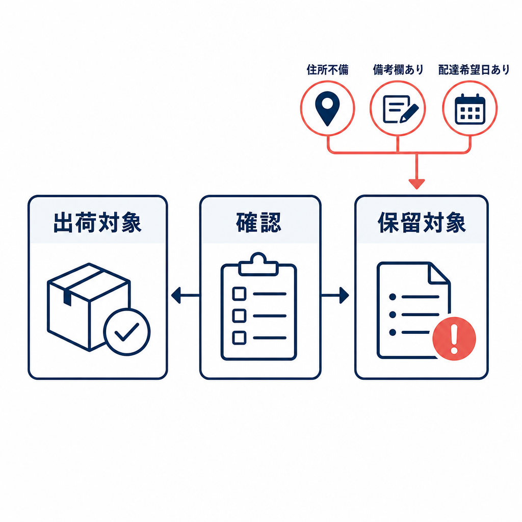 通常の出荷対象と住所不備や配達希望日ありの保留対象に分ける図