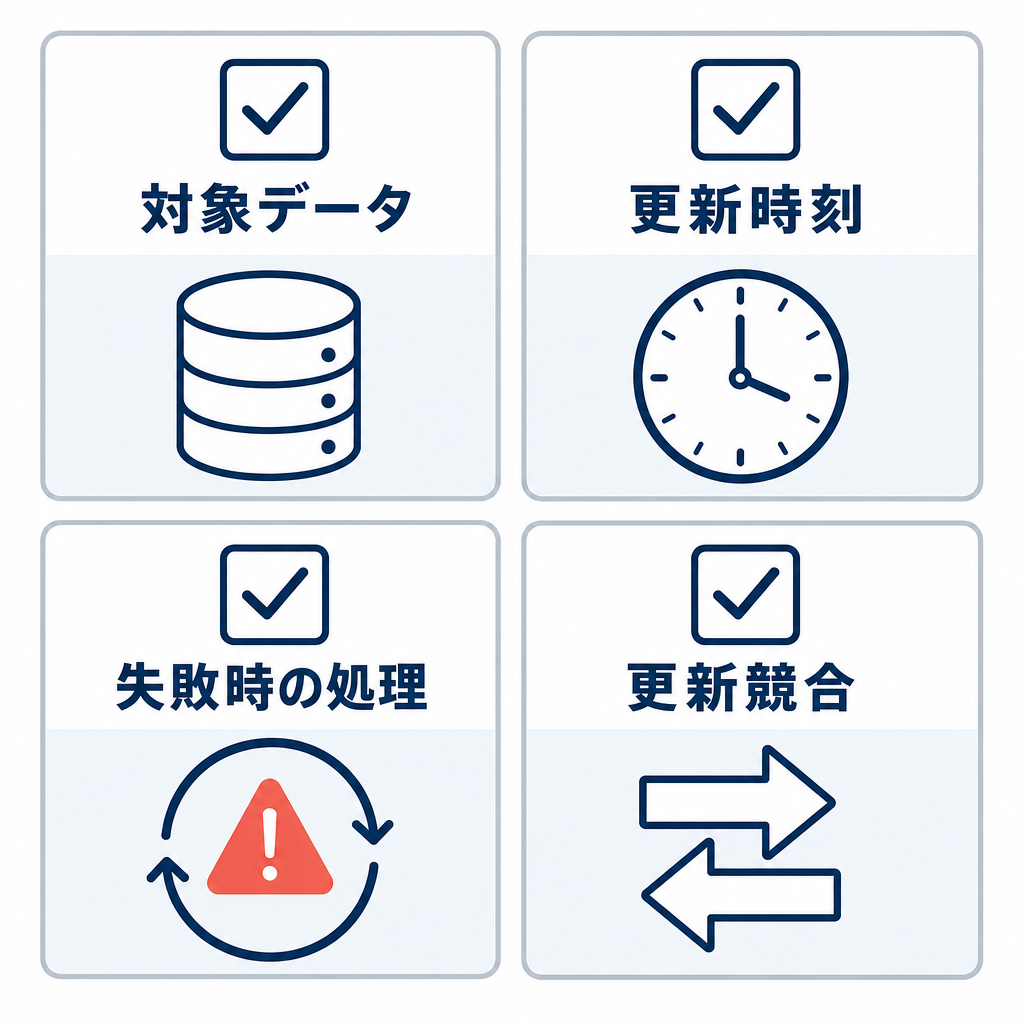 外部連携前に対象データ、更新時刻、失敗時の処理、更新競合を確認する4項目チェックリスト