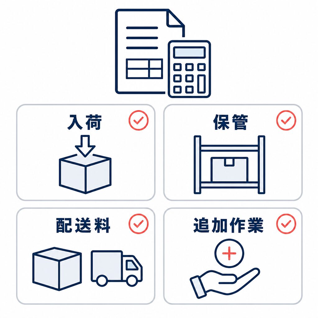 入荷、保管、配送料、追加作業の4項目を見積もり確認の対象として示したチェックリスト図