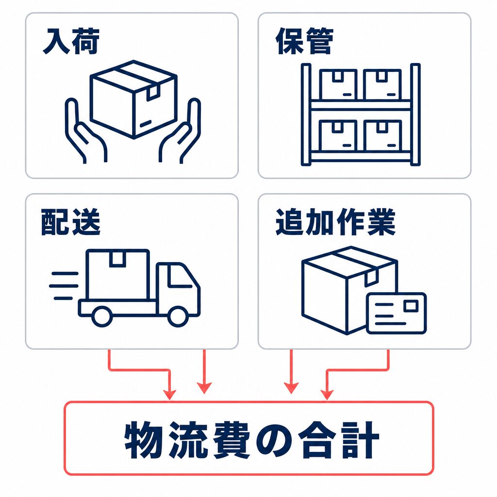 入荷、保管、配送、追加作業を合計して物流費の合計で見積もりを比較することを示す図