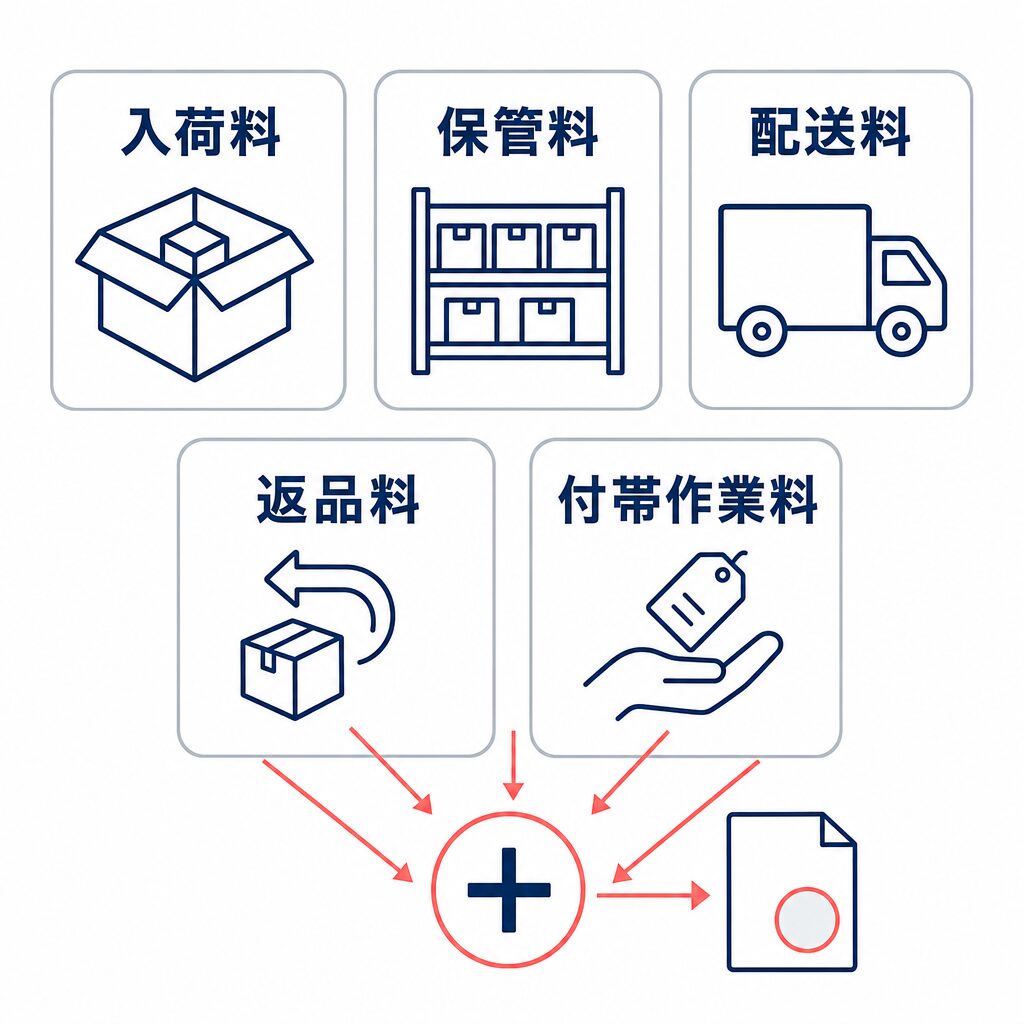入荷料、保管料、配送料、返品料、付帯作業料を合算して総費用として比較する考え方を示す図。