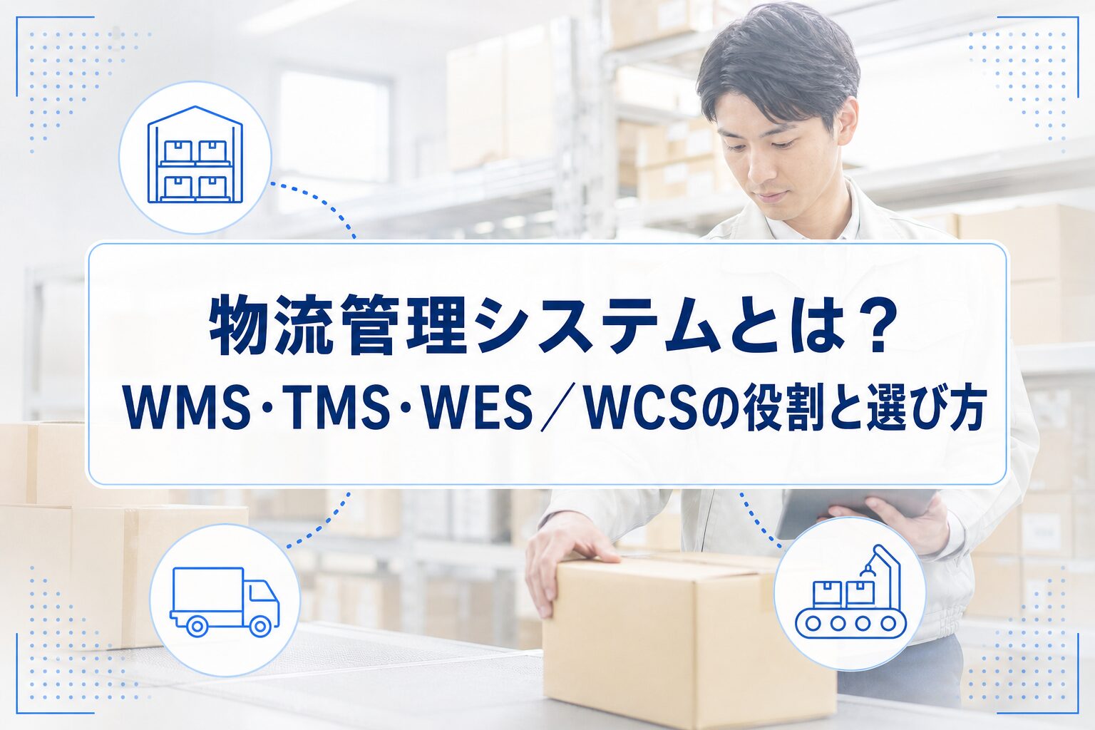 倉庫作業者の写真を背景に、物流管理システムとWMS・TMS・WES/WCSの役割を示すアイコンを配置したアイキャッチ