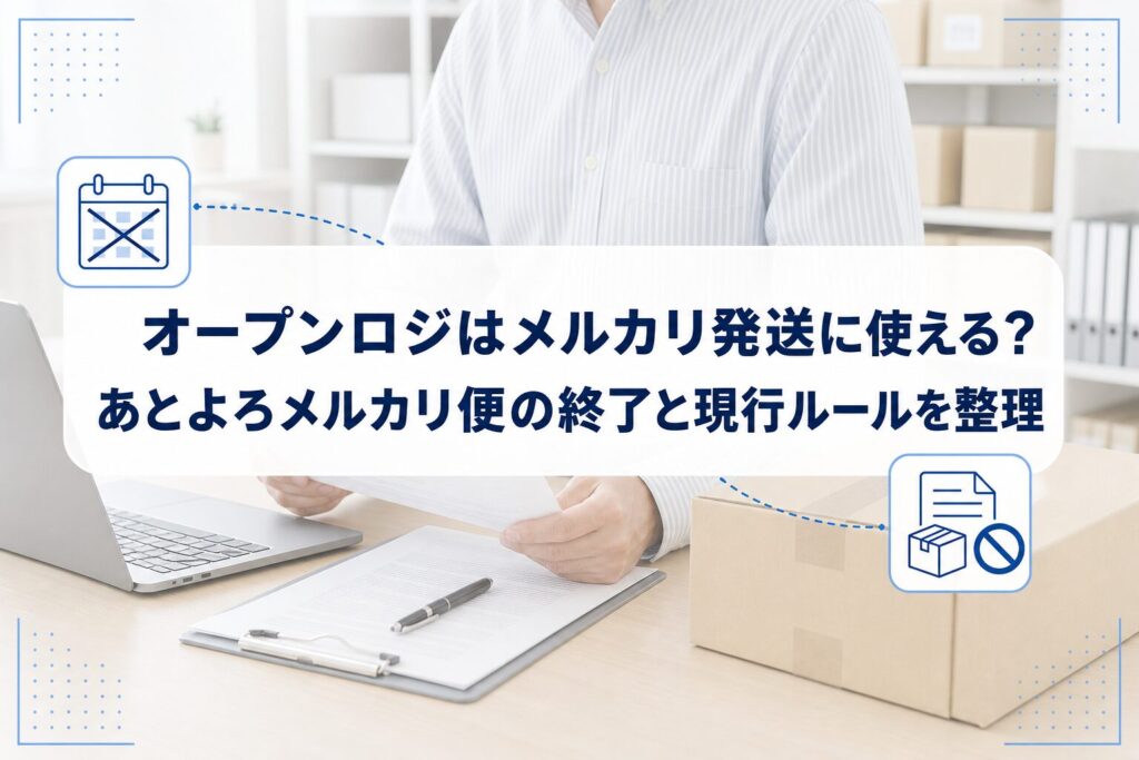 段ボールとノートPCを前に物流条件を確認する事業者の写真に、オープンロジとメルカリ発送、あとよろメルカリ便の終了と現行ルールを整理する記事タイトルを重ねたアイキャッチ