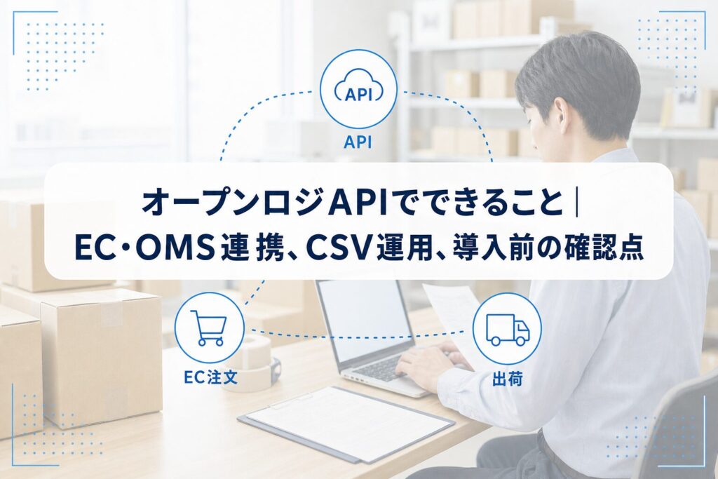 PCで出荷データを確認する物流担当者の写真に、EC注文・API・出荷をつなぐアイコンと記事タイトルを重ねたアイキャッチ