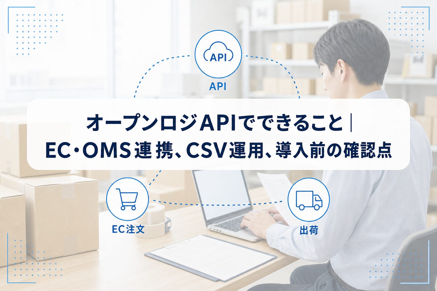 PCで出荷データを確認する物流担当者の写真に、EC注文・API・出荷をつなぐアイコンと記事タイトルを重ねたアイキャッチ