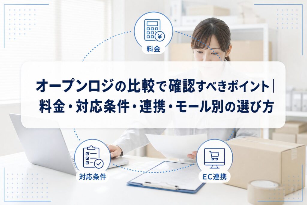 PCと梱包箱を前に物流業務を確認する担当者と、料金・対応条件・EC連携を示すアイコン