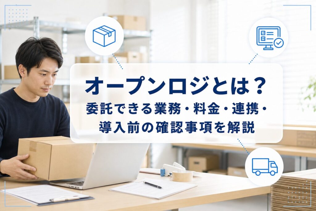 梱包作業とPC確認を行う物流現場を背景に、オープンロジの業務・料金・連携・導入前確認事項を示したアイキャッチ。