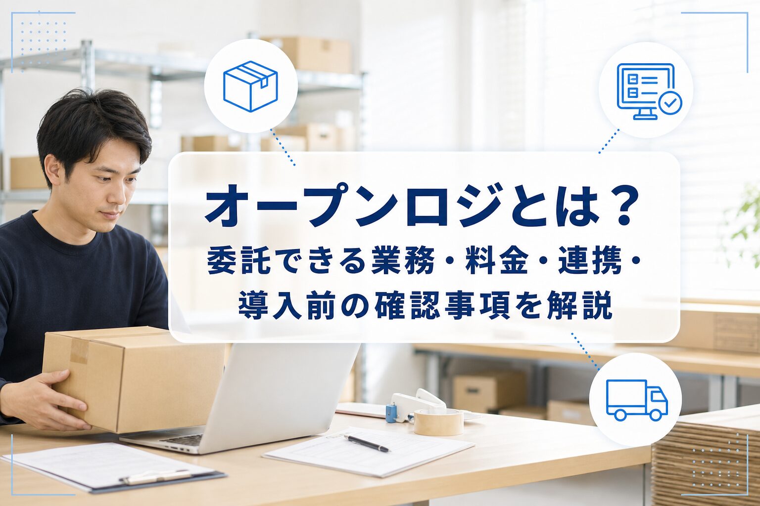 梱包作業とPC確認を行う物流現場を背景に、オープンロジの業務・料金・連携・導入前確認事項を示したアイキャッチ。