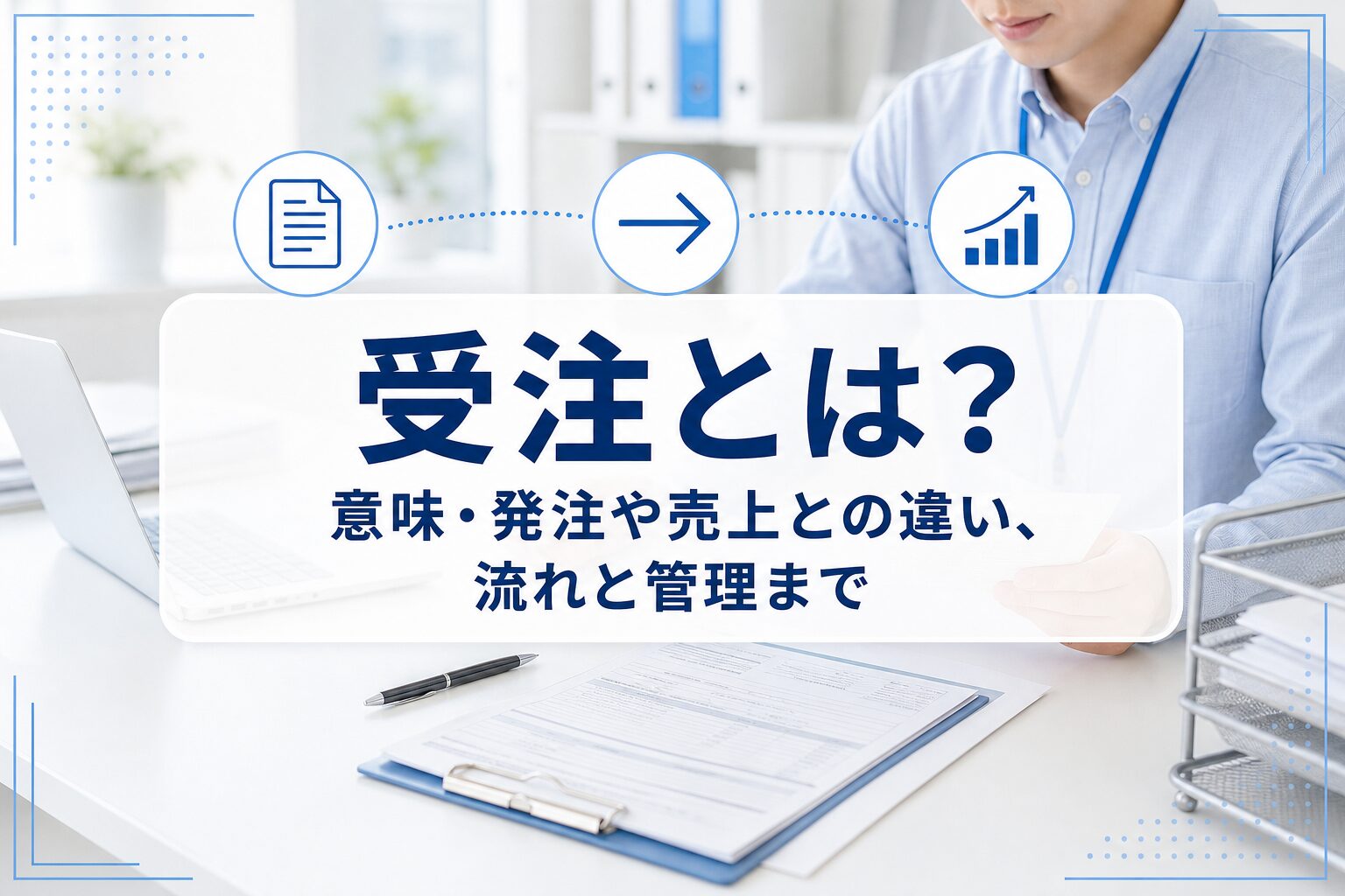 受注書類を確認するオフィスの業務シーンに、受注とはを示すタイトルカードと発注・売上の補助アイコンを重ねたアイキャッチ