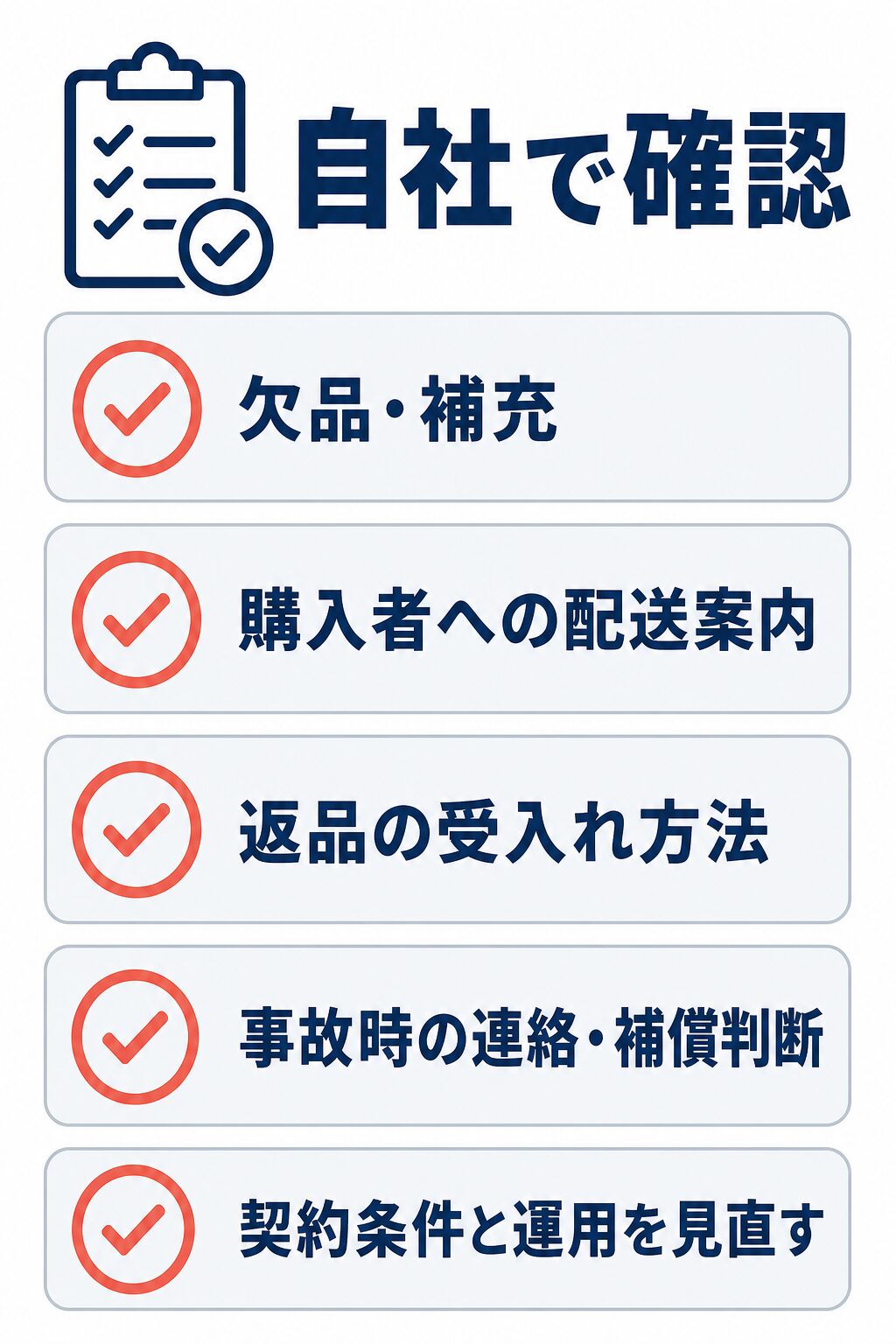 外注後も自社で確認する欠品・補充、購入者への配送案内、返品の受入れ方法、事故時の連絡・補償判断、契約条件と運用を見直す項目のチェックリスト