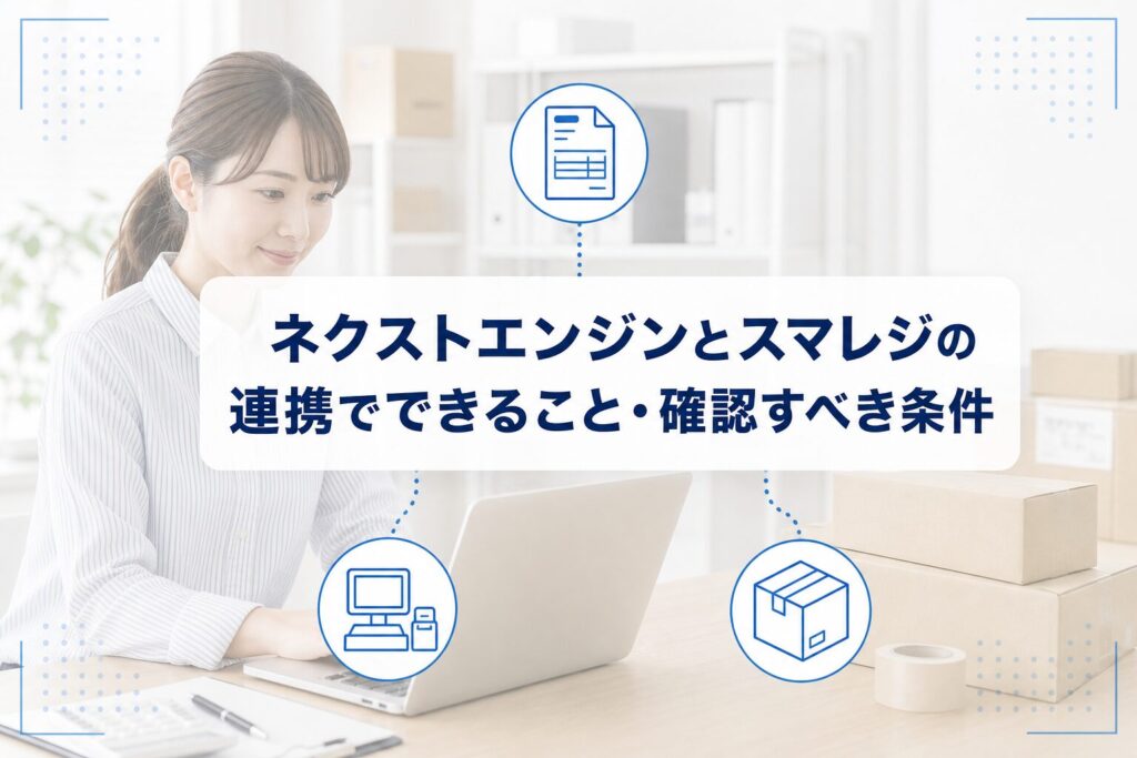 PC作業中のEC業務担当者を背景に、受注伝票、POS端末、在庫箱のアイコンと記事タイトルを配置した、ネクストエンジンとスマレジの連携を示すアイキャッチ。