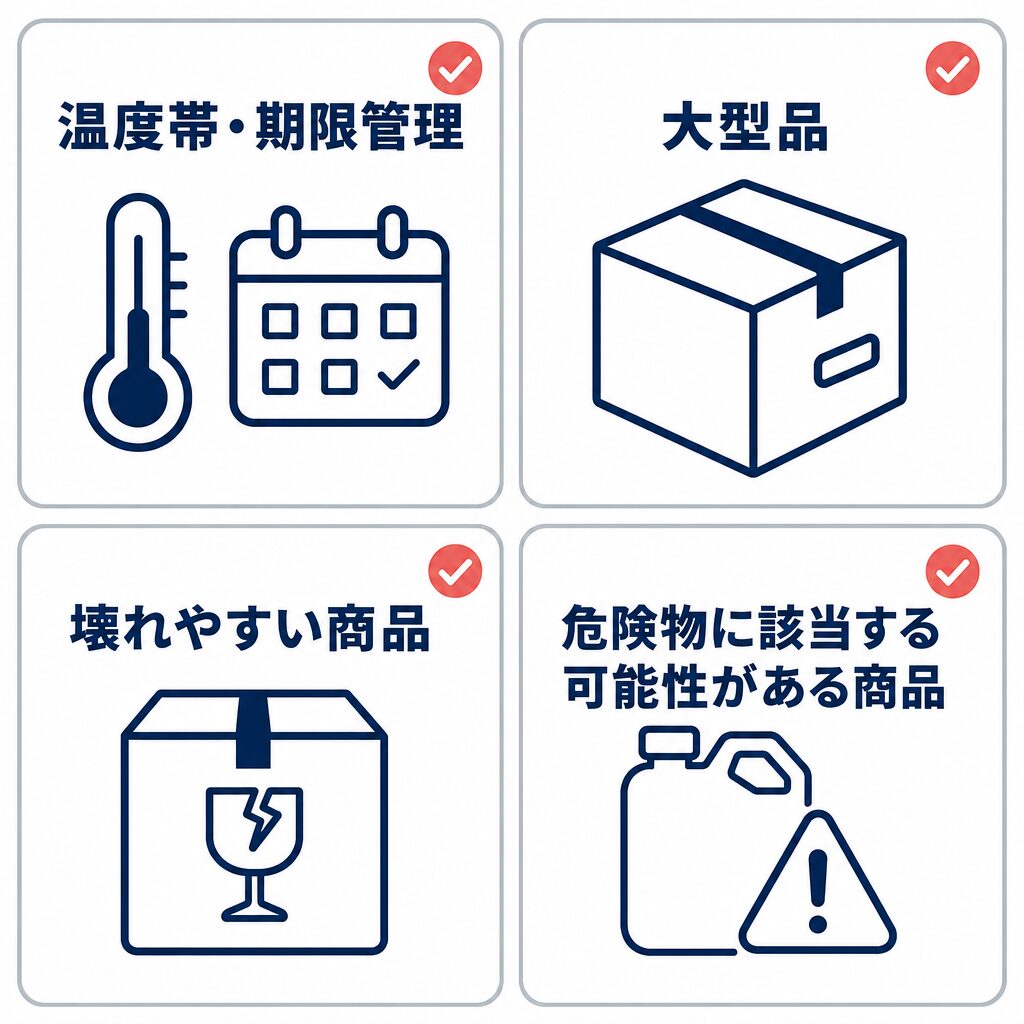 温度帯・期限管理、大型品、壊れやすい商品、危険物に該当する可能性がある商品について事前確認を促す4項目のチェック図。
