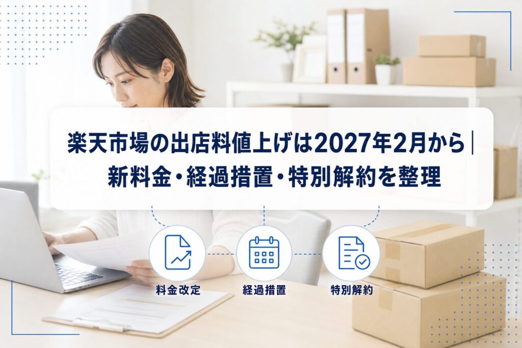 PCと書類を確認する出店事業者を背景に、楽天市場の出店料値上げ、経過措置、特別解約を示すアイキャッチ