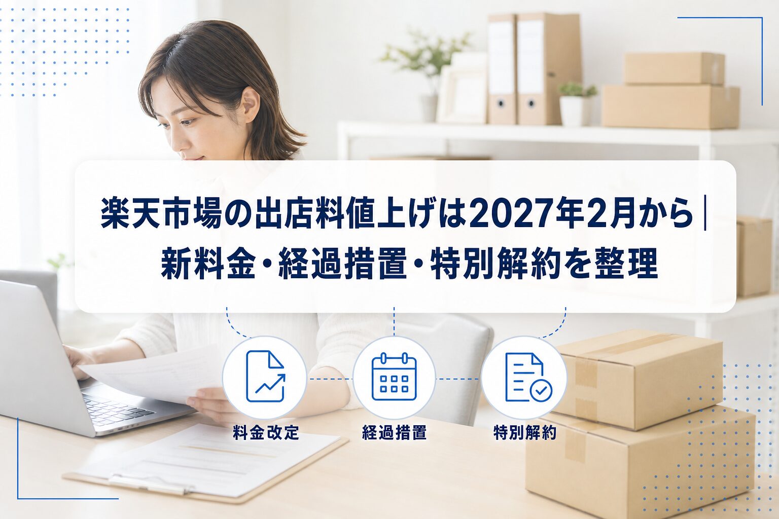 PCと書類を確認する出店事業者を背景に、楽天市場の出店料値上げ、経過措置、特別解約を示すアイキャッチ