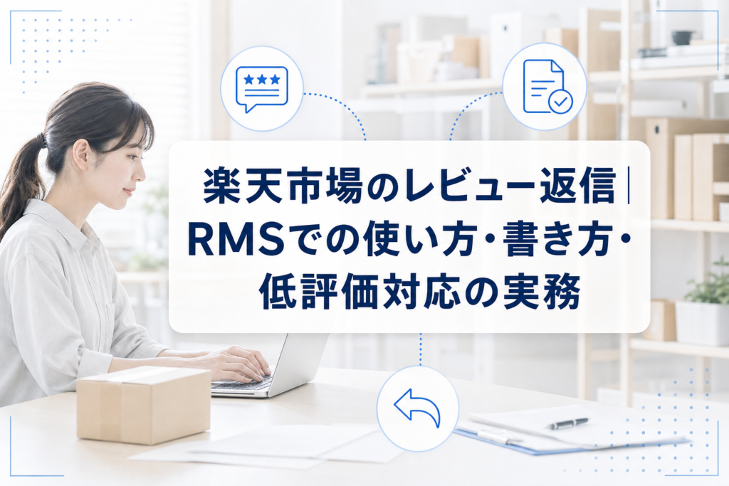 ノートPCでレビューを確認するEC担当者と、楽天市場のレビュー返信に関するタイトルカード
