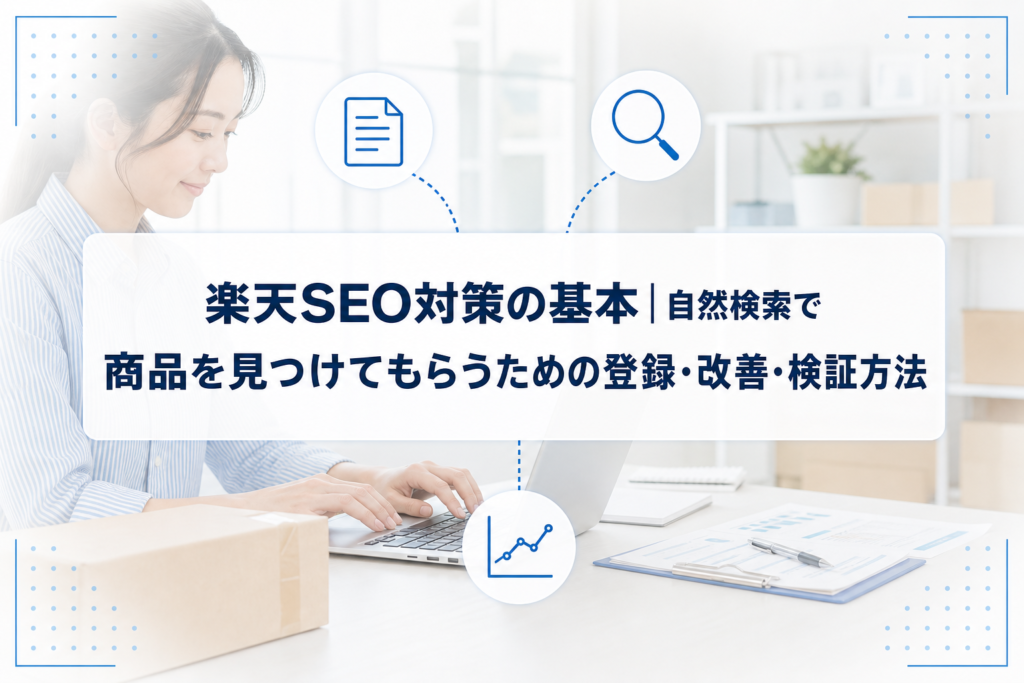 PCで商品情報を確認するEC担当者と、商品登録・自然検索・検証を示すアイコンを背景にした楽天SEO対策のアイキャッチ