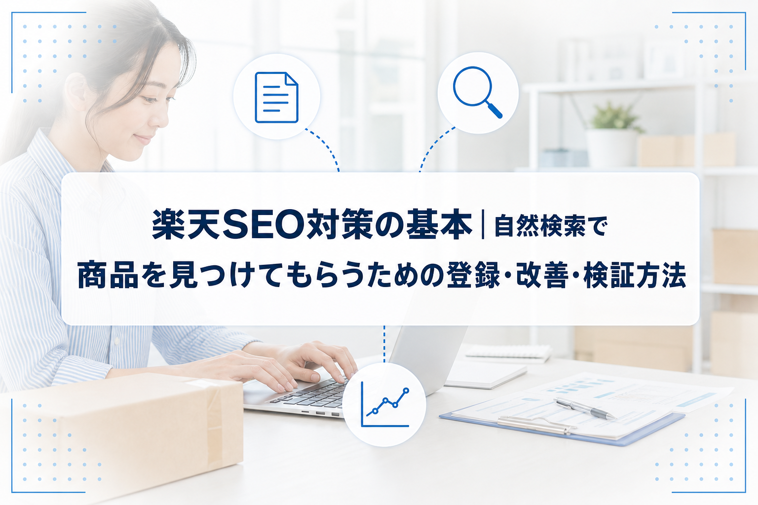 PCで商品情報を確認するEC担当者と、商品登録・自然検索・検証を示すアイコンを背景にした楽天SEO対策のアイキャッチ