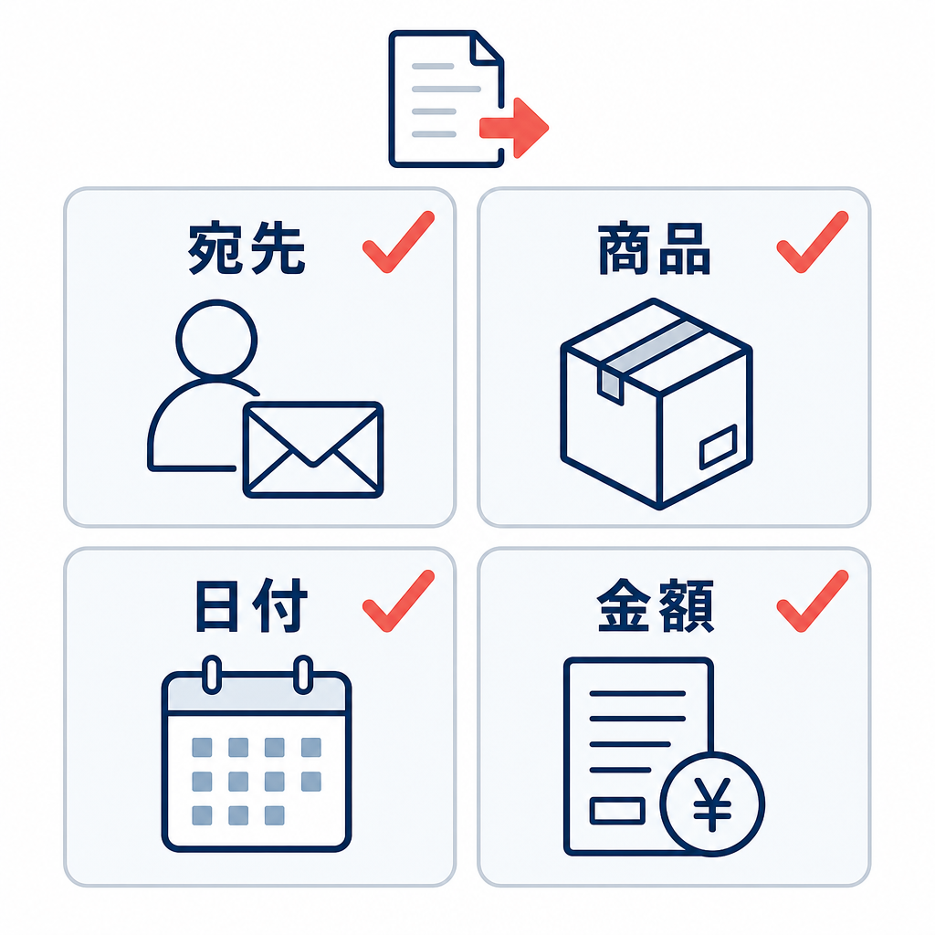 購入者への返信を送信する前に、宛先、商品、日付、金額を確認するための4項目チェックリスト。