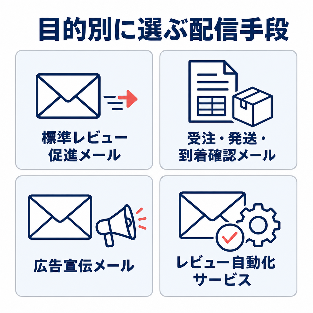 標準レビュー促進メール、受注・発送・到着確認メール、広告宣伝メール、レビュー自動化サービスの4手段を2×2のカードで整理した図。