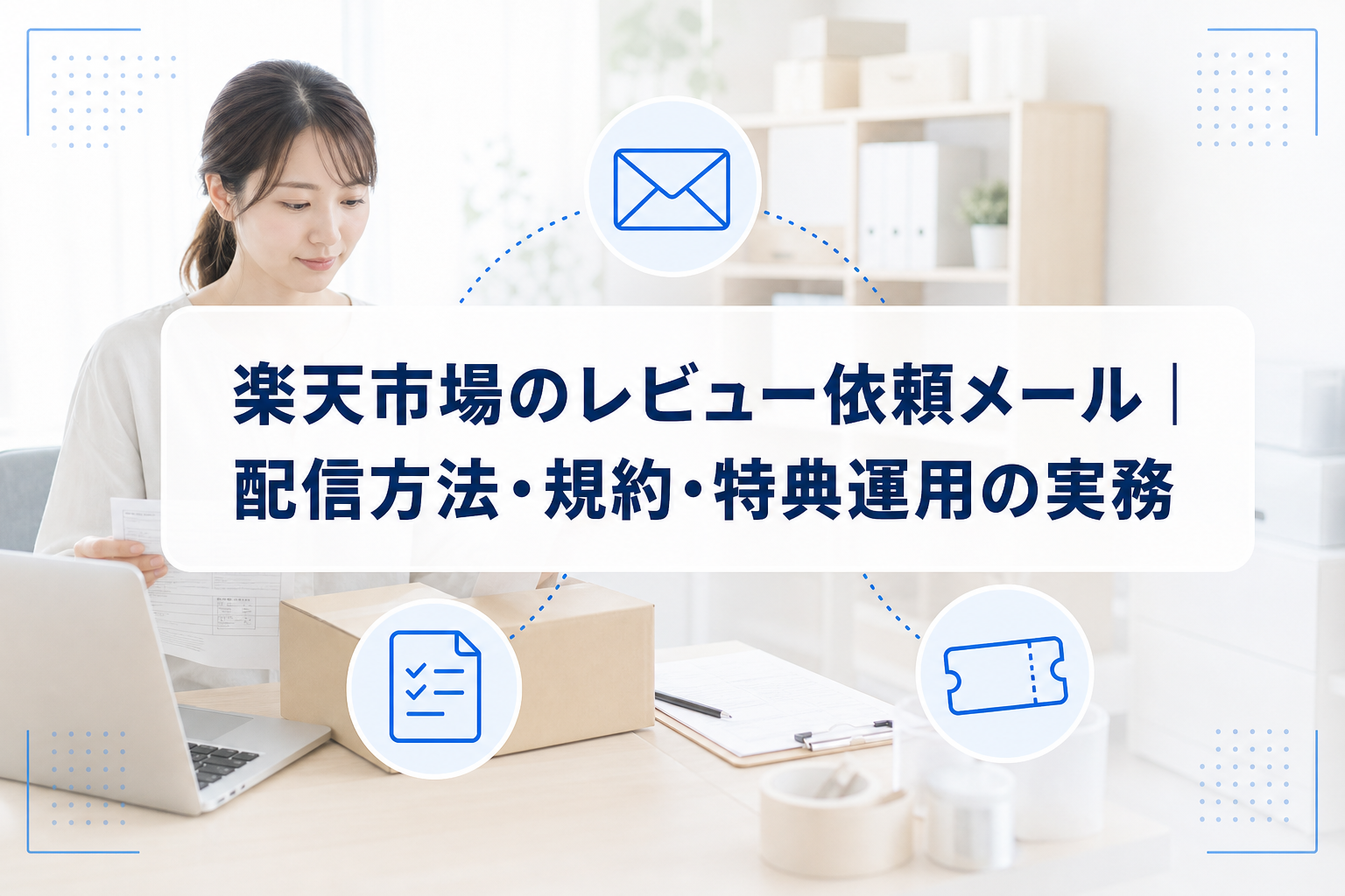 ノートPCと発送用の箱を確認するEC担当者を背景に、レビュー依頼メールの配信方法、規約、特典運用を示すメール・確認・クーポンのアイコンを配したアイキャッチ。
