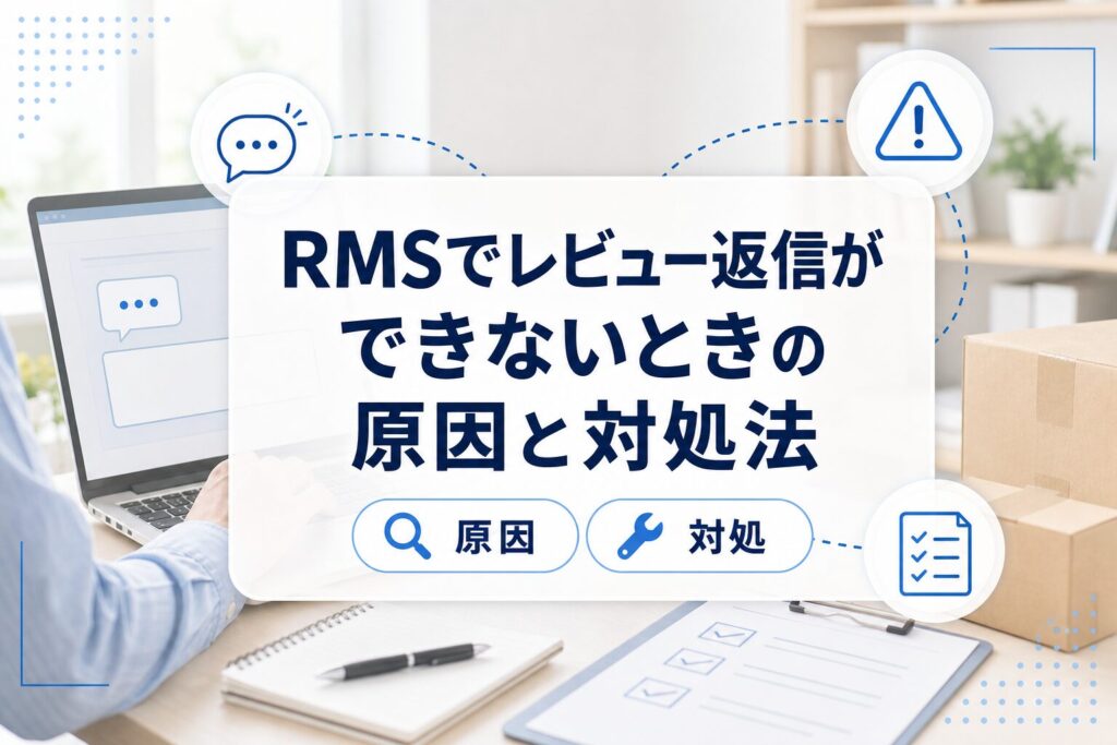 レビュー返信ができない原因を示すRMS風の管理画面と警告アイコンのアイキャッチ