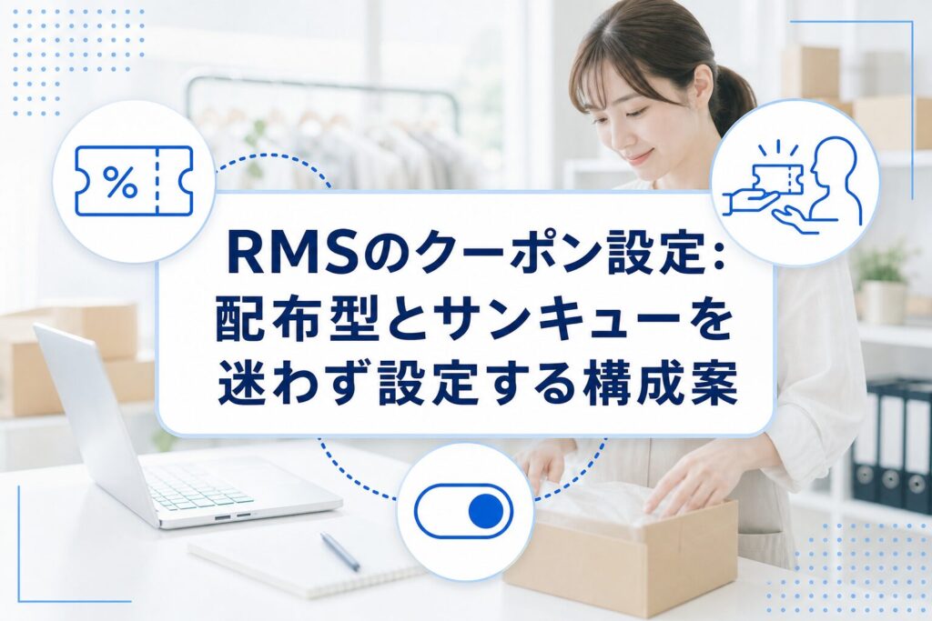 RMSのクーポン設定を示す、配布型とサンキューの使い分けを表した業務イラスト