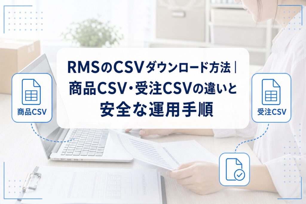 PC作業中の担当者を背景に、商品CSVと受注CSVの書類アイコン、RMSのCSVダウンロード方法を示すタイトルカードを配置したアイキャッチ。