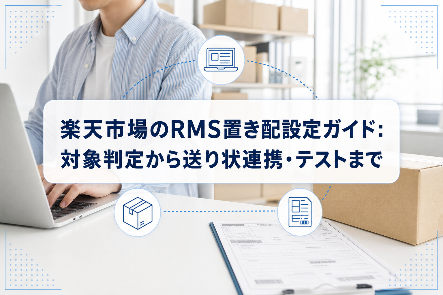 PCでRMS設定を確認しながら梱包箱と送り状を準備する業務担当者。楽天市場のRMS置き配設定ガイドのタイトルカードを重ねたアイキャッチ。