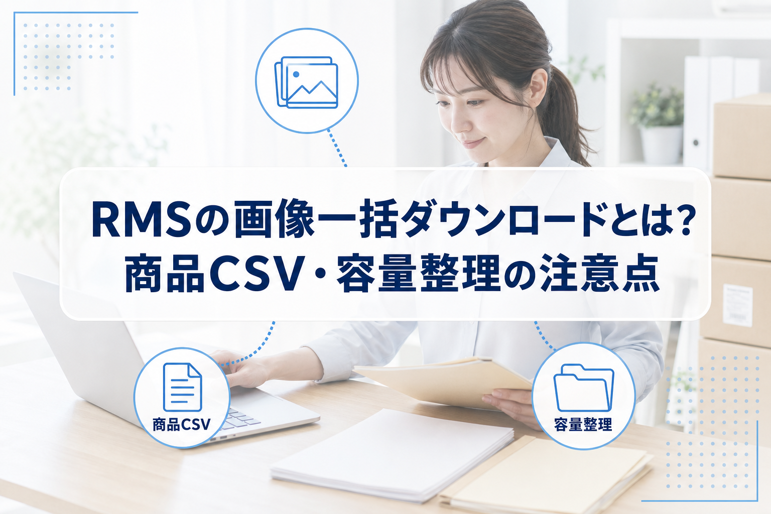 PCで画像ファイルとCSVを確認しながら容量整理を検討する業務イメージ。中央にRMSの画像一括ダウンロードに関する記事タイトルがある。