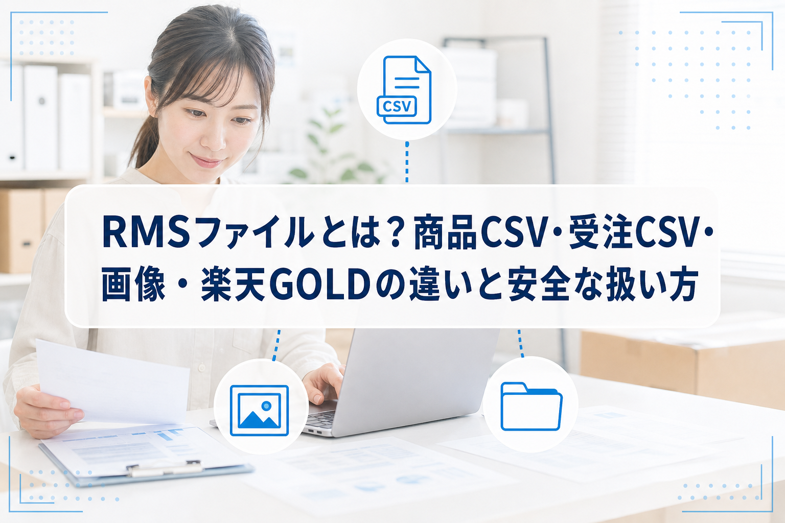 ノートPCでファイルを確認する店舗運営担当者と、CSV・画像・フォルダを示すアイコン、記事タイトル。