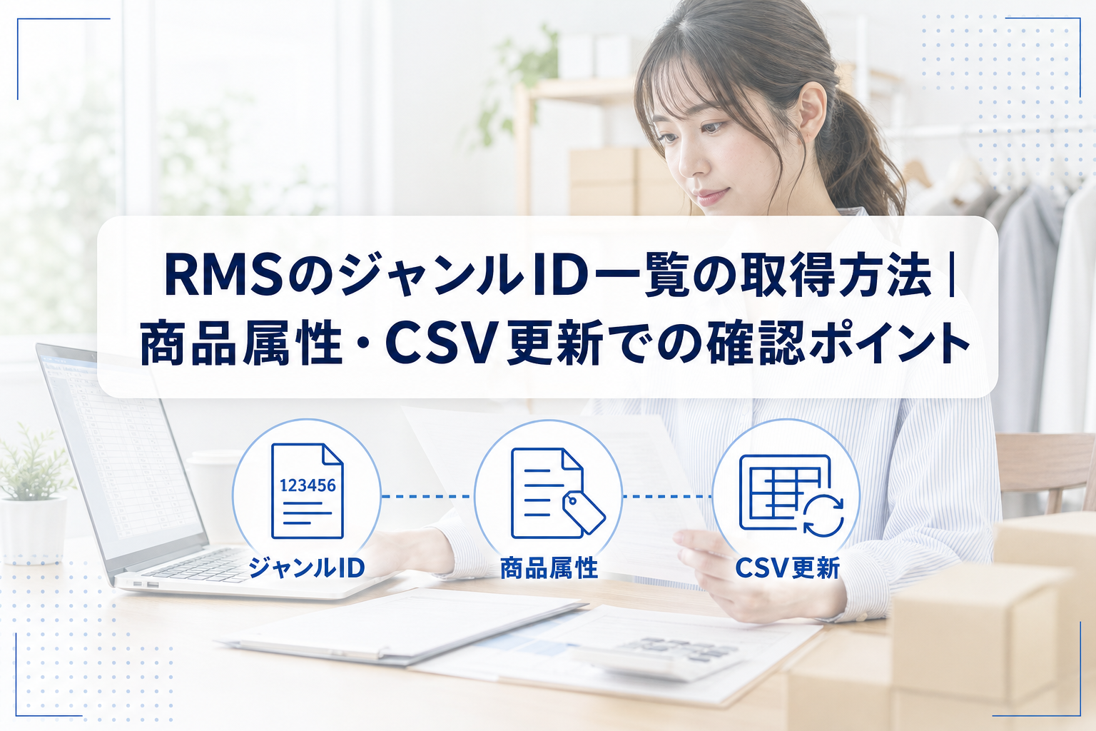 ノートPCで商品データを確認する担当者と、ジャンルID、商品属性、CSV更新を表すアイコンを配した記事アイキャッチ。