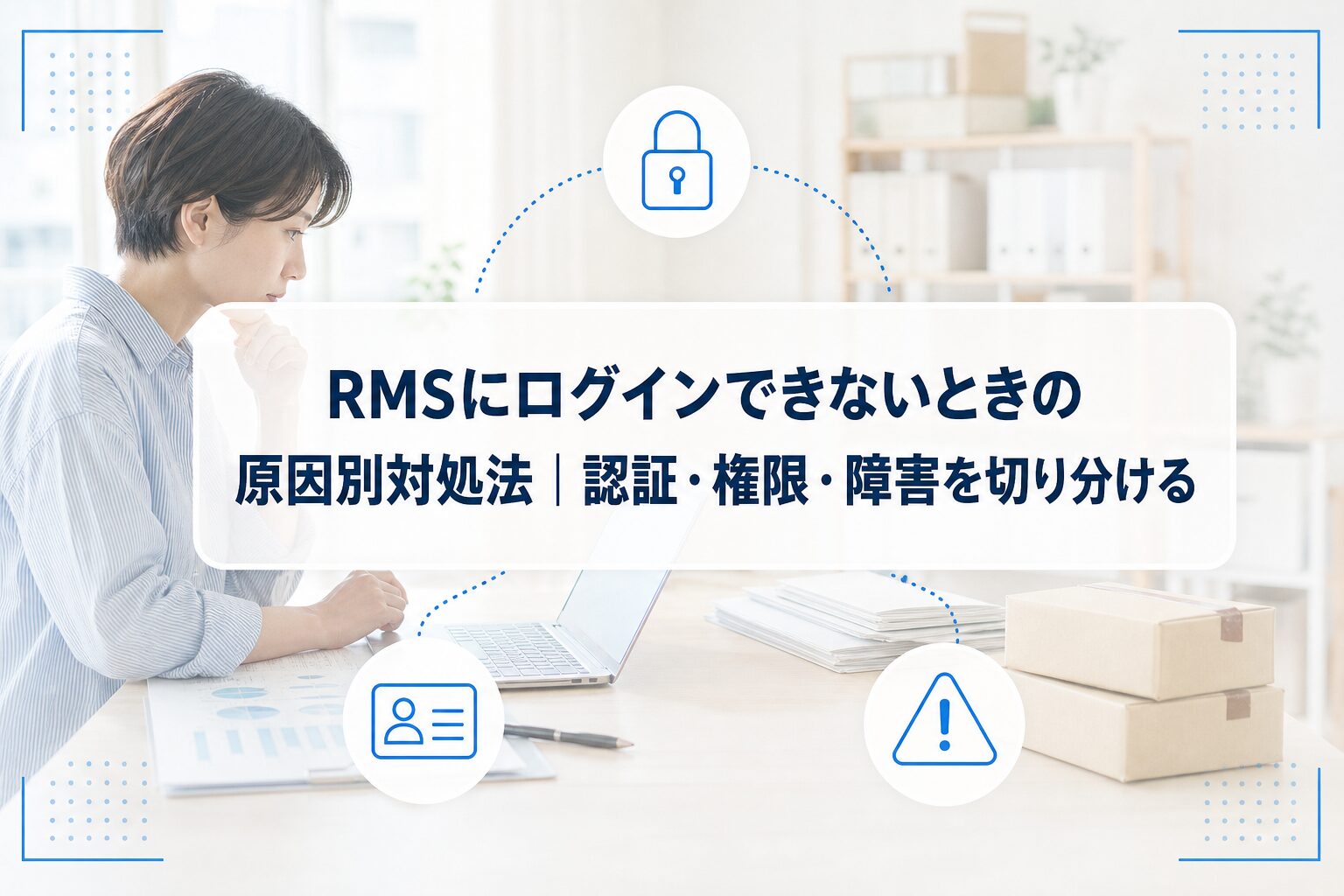 PCでRMSへのログイン問題を確認する店舗運営者と、認証・権限・障害を示すアイコンを配した記事アイキャッチ