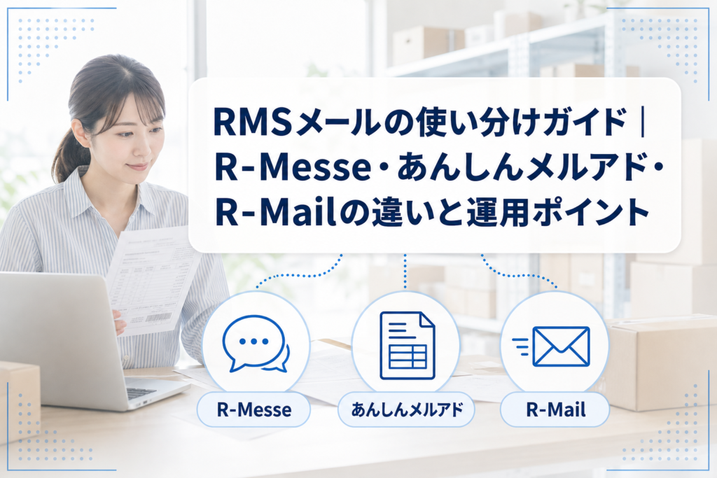PCでメール対応をする店舗運営者を背景に、R-Messe、あんしんメルアド、R-Mailのアイコンと記事タイトルを重ねたアイキャッチ。