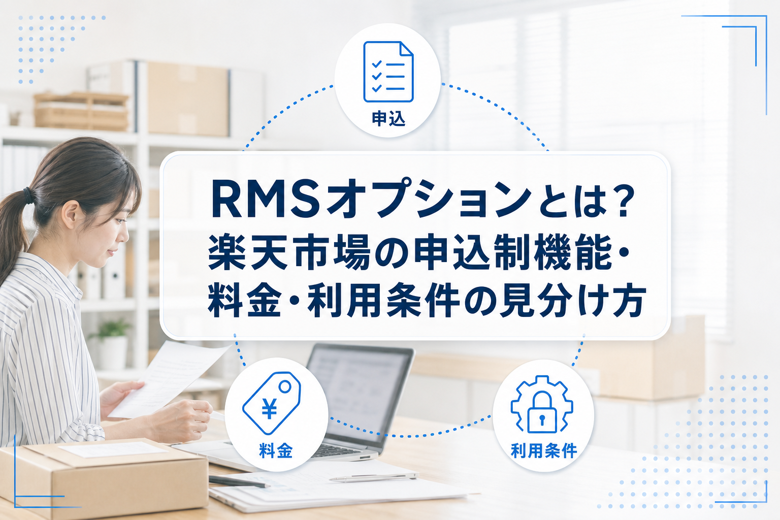 PCで店舗運営を確認する担当者と、申込・料金・利用条件のアイコンを組み合わせたRMSオプション解説記事のアイキャッチ。