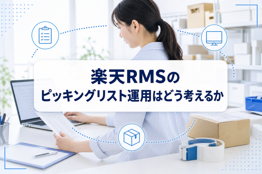 RMSの画面と受注明細票を確認しながら出荷準備するEC店舗の業務イメージ