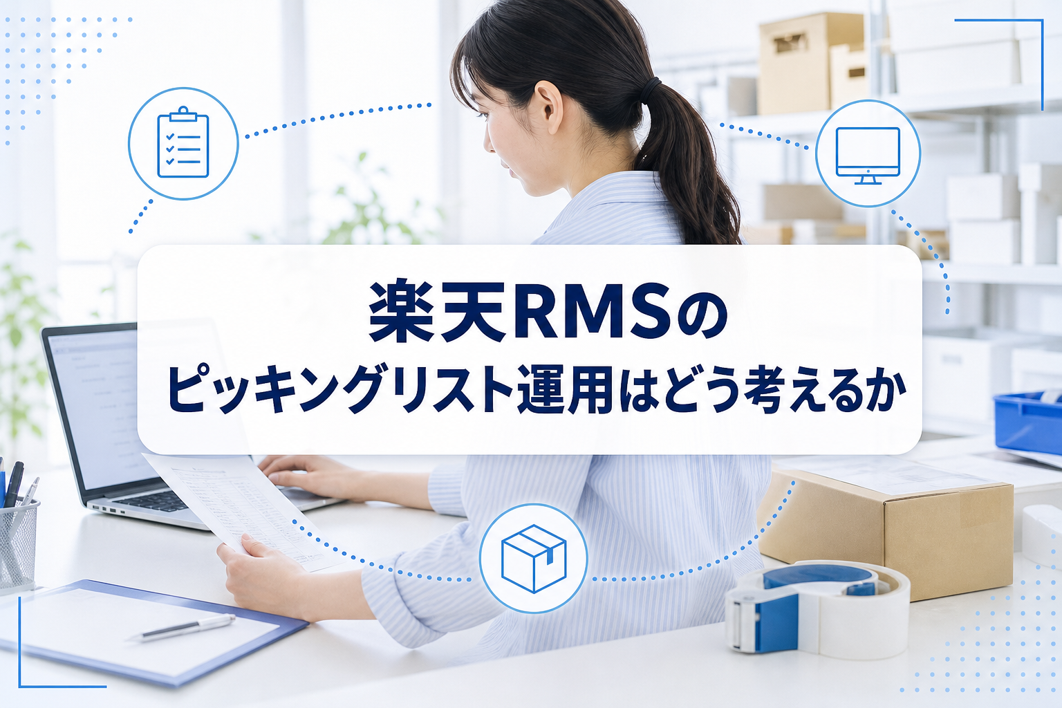 RMSの画面と受注明細票を確認しながら出荷準備するEC店舗の業務イメージ