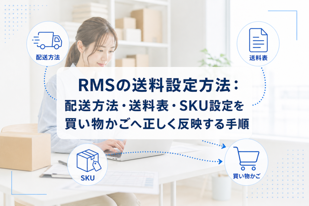 RMSの送料設定方法を示すアイキャッチ。配送方法、送料表、SKUの設定が買い物かごへつながる概念図。