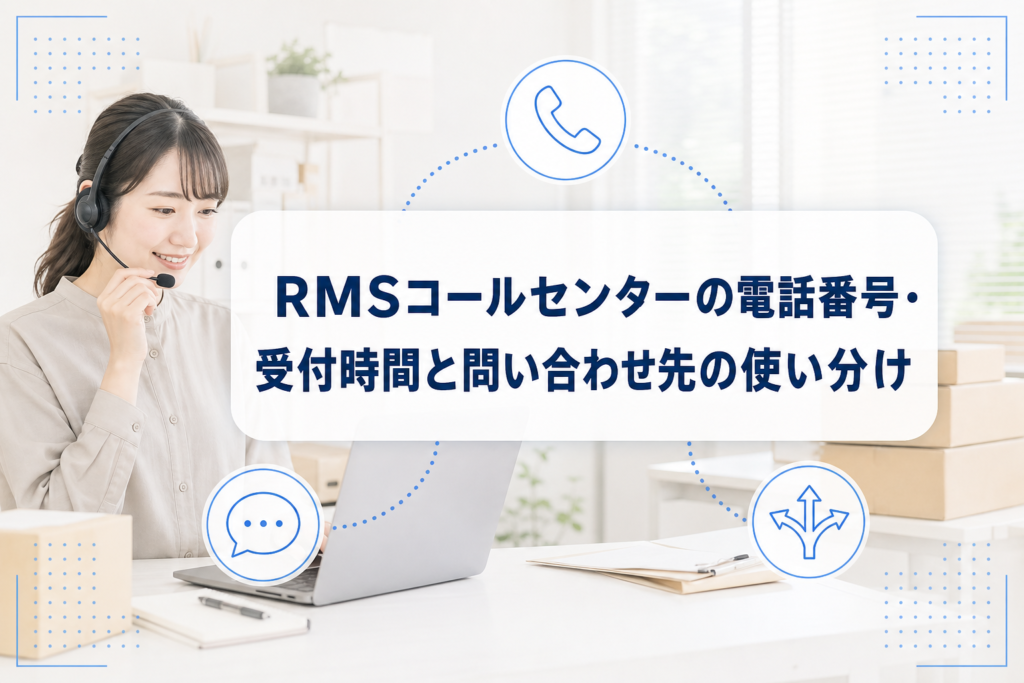 電話対応するEC担当者と、電話・チャット・問い合わせ先の分岐を示すアイコンを配したRMSコールセンター案内のアイキャッチ。