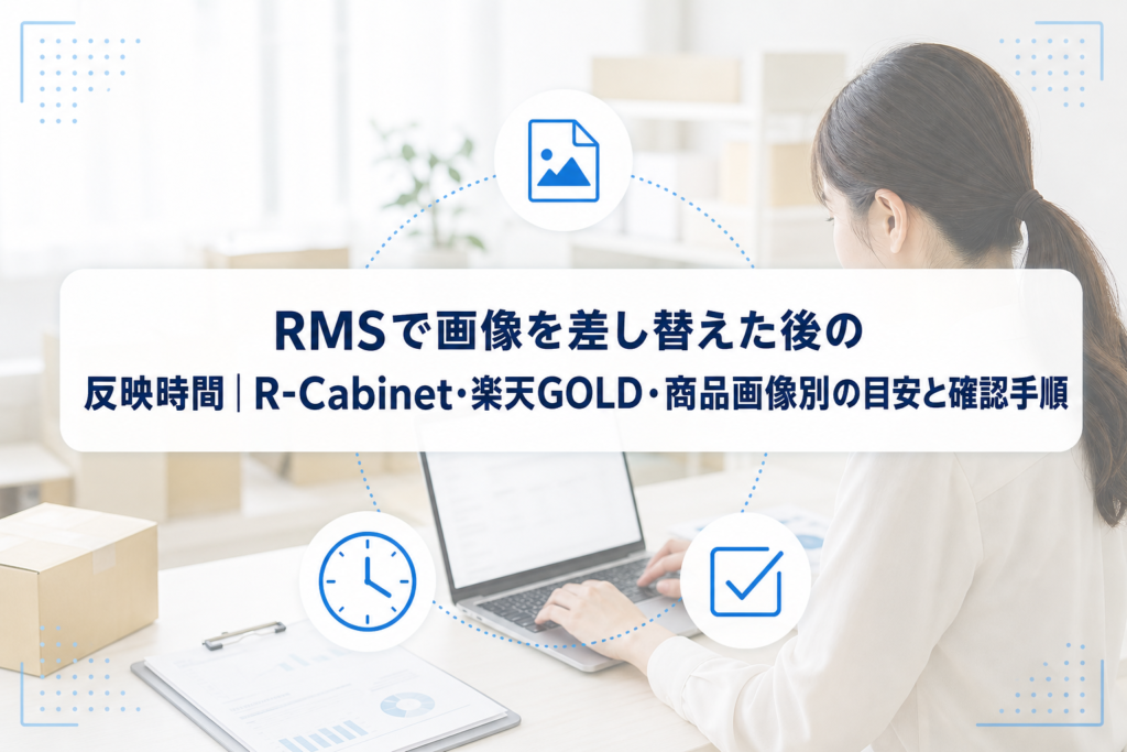 ノートPCで画像更新を確認する作業者と、画像ファイル、時計、確認チェックのアイコン。中央にRMSで画像を差し替えた後の反映時間に関する記事タイトルを表示。