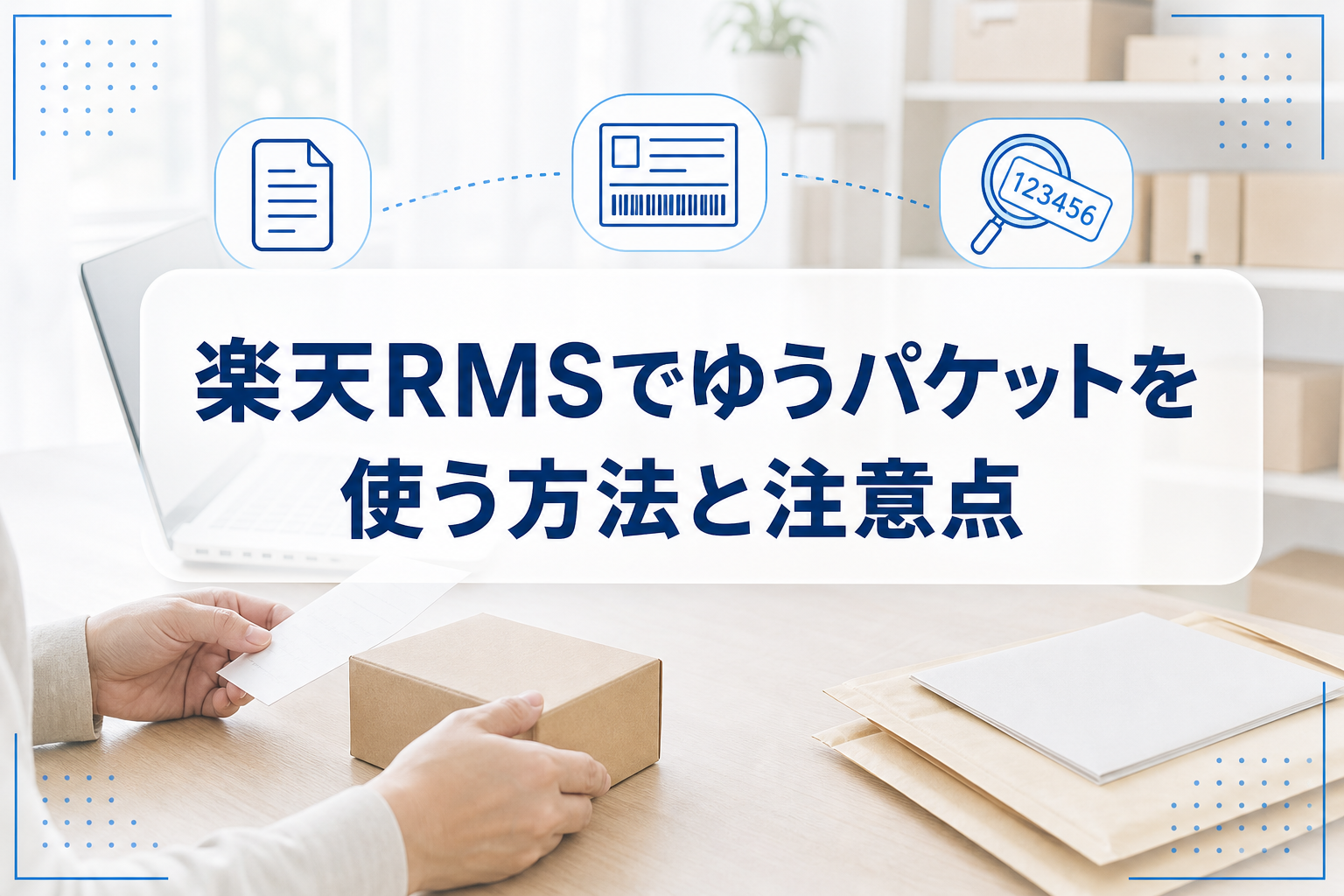 梱包作業中のPC、荷物、伝票を背景に、楽天RMSでゆうパケットを使う方法と注意点というタイトルを表示したアイキャッチ