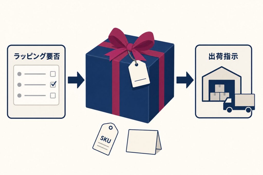 ラッピング要否を含む注文情報が出荷指示として連携され、ギフト包装された商品を出荷する流れを示す。