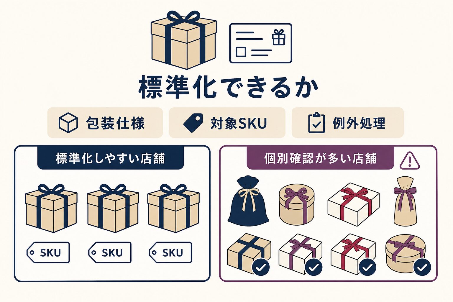 包装仕様、対象SKU、例外処理を標準化しやすい店舗と、個別確認が多い店舗を対比し、委託判断では標準化度を確認することを示す。