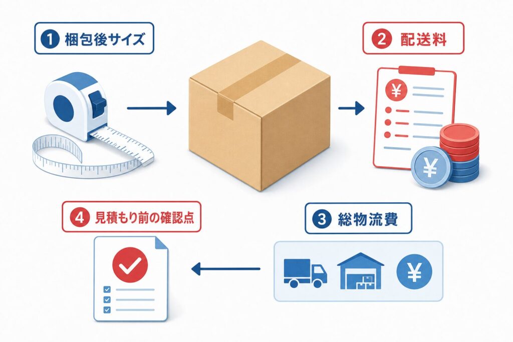 梱包後サイズ、配送料、総物流費、見積もり確認の関係を示し、RSLの料金を総額で判断することを伝えるイメージ。