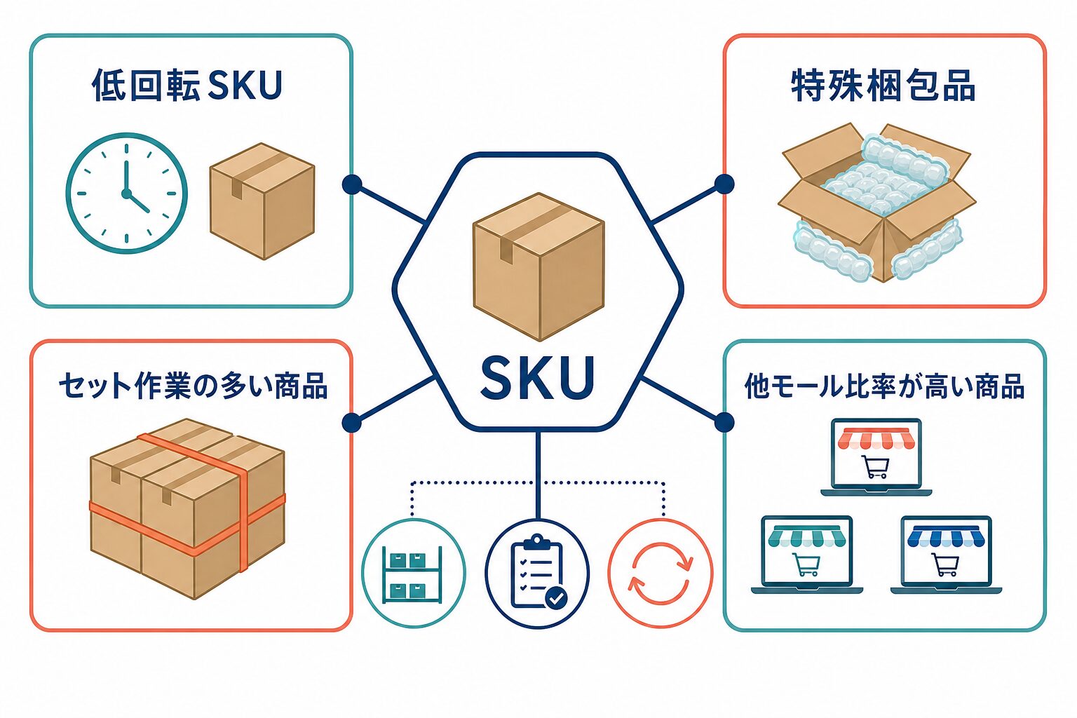 低回転SKU、特殊梱包品、セット作業の多い商品、他モール比率が高い商品を、RSLと別拠点の併用検討対象としてSKUごとに確認する考え方。