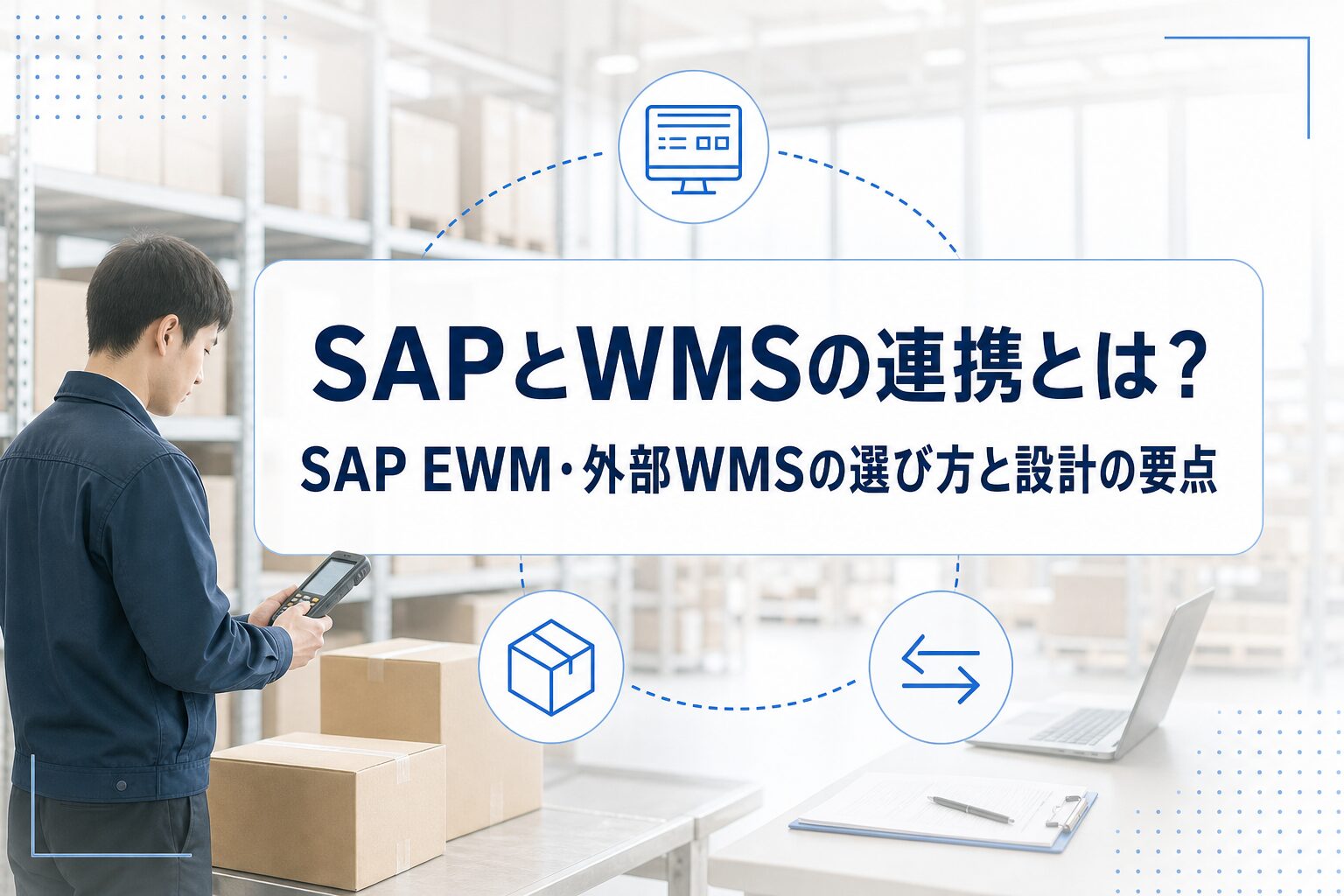 倉庫で端末を確認する作業者を背景に、SAPとWMSの連携・選び方・設計の要点という記事タイトルを中央に示したアイキャッチ